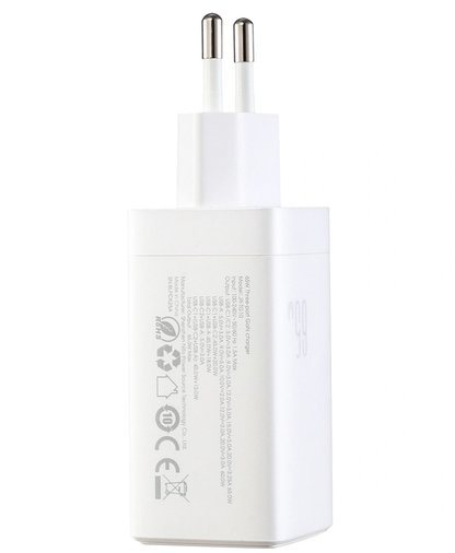 Incarcator Retea Cu Cablu USB-C Joyroom JR-TG10, 65W, 3.25A, 1 x USB-A - 2 x USB-C, Alb