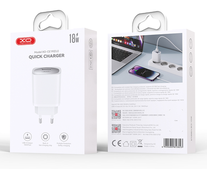 Incarcator Retea Cu Cablu USB-C XO Design CE19, 18W, 3A, 1 x USB-A, Alb