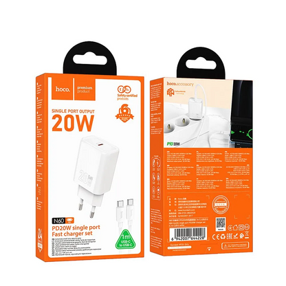 Incarcator Retea Cu Cablu Lightning HOCO N60, 20W, 3A, 1 x USB-C, Alb