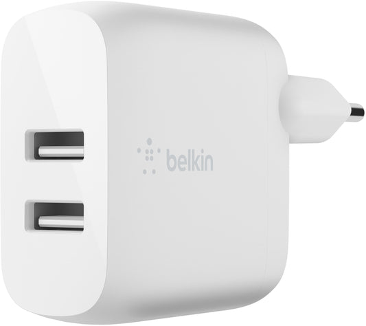 Incarcator Retea Cu Cablu USB-C Belkin BoostCharge Dual, 24W, 2.4A, 2 x USB-A, Alb WCE001vf1MWH