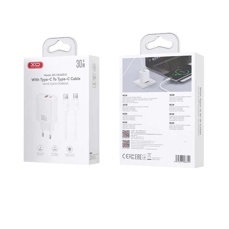 Incarcator Retea Cu Cablu USB-C XO Design CE42, 30W, 3A, 1 x USB-A - 1 x USB-C, Alb
