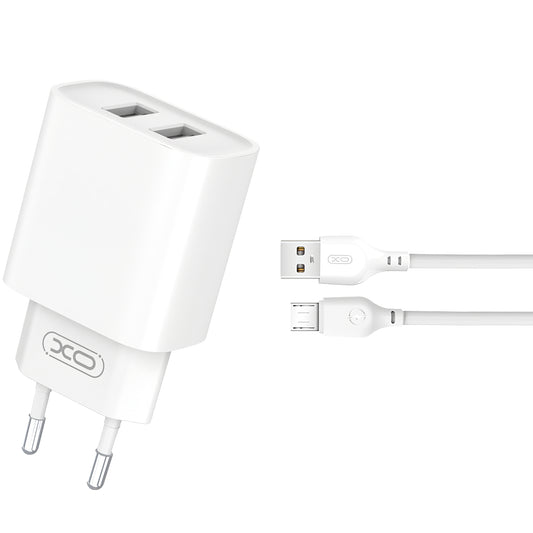 Incarcator Retea Cu Cablu microUSB XO Design CE02C, 10.5W, 2.1A, 2 x USB-A, Alb