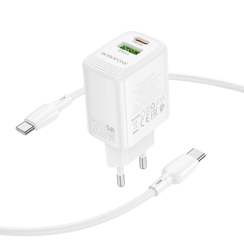 Incarcator Retea Cu Cablu USB-C Borofone BN27 Fuente, 20W, 3A, 1 x USB-A - 1 x USB-C, Alb