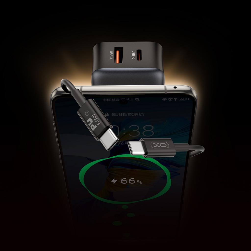 Incarcator Retea Cu Cablu USB-C XO Design L154, 20W, 3A, 1 x USB-A - 1 x USB-C, Negru