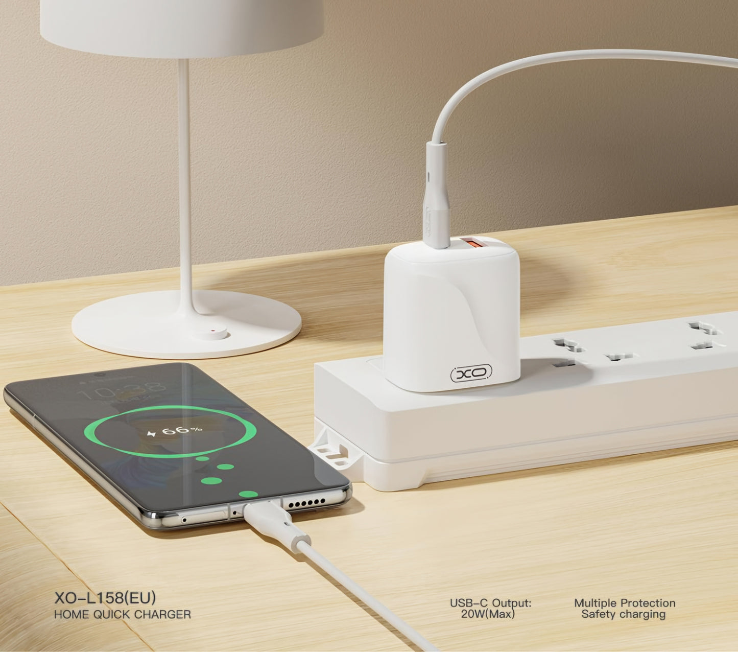 Incarcator Retea Cu Cablu USB-C XO Design L158, 20W, 3A, 1 x USB-A - 1 x USB-C, Alb