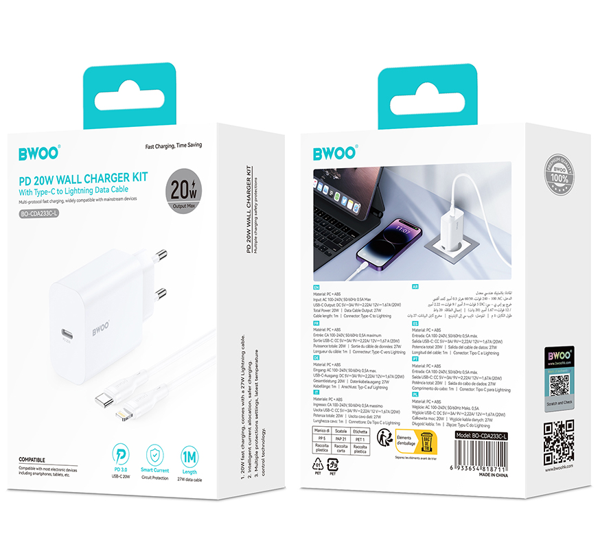 Incarcator Retea Cu Cablu Lightning BWOO CDA233, 20W, 3A, 1 x USB-C, Alb