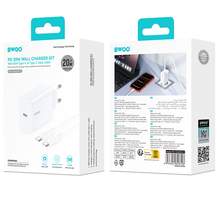 Incarcator Retea Cu Cablu USB-C BWOO CDA233, 20W, 3A, 1 x USB-C, Alb