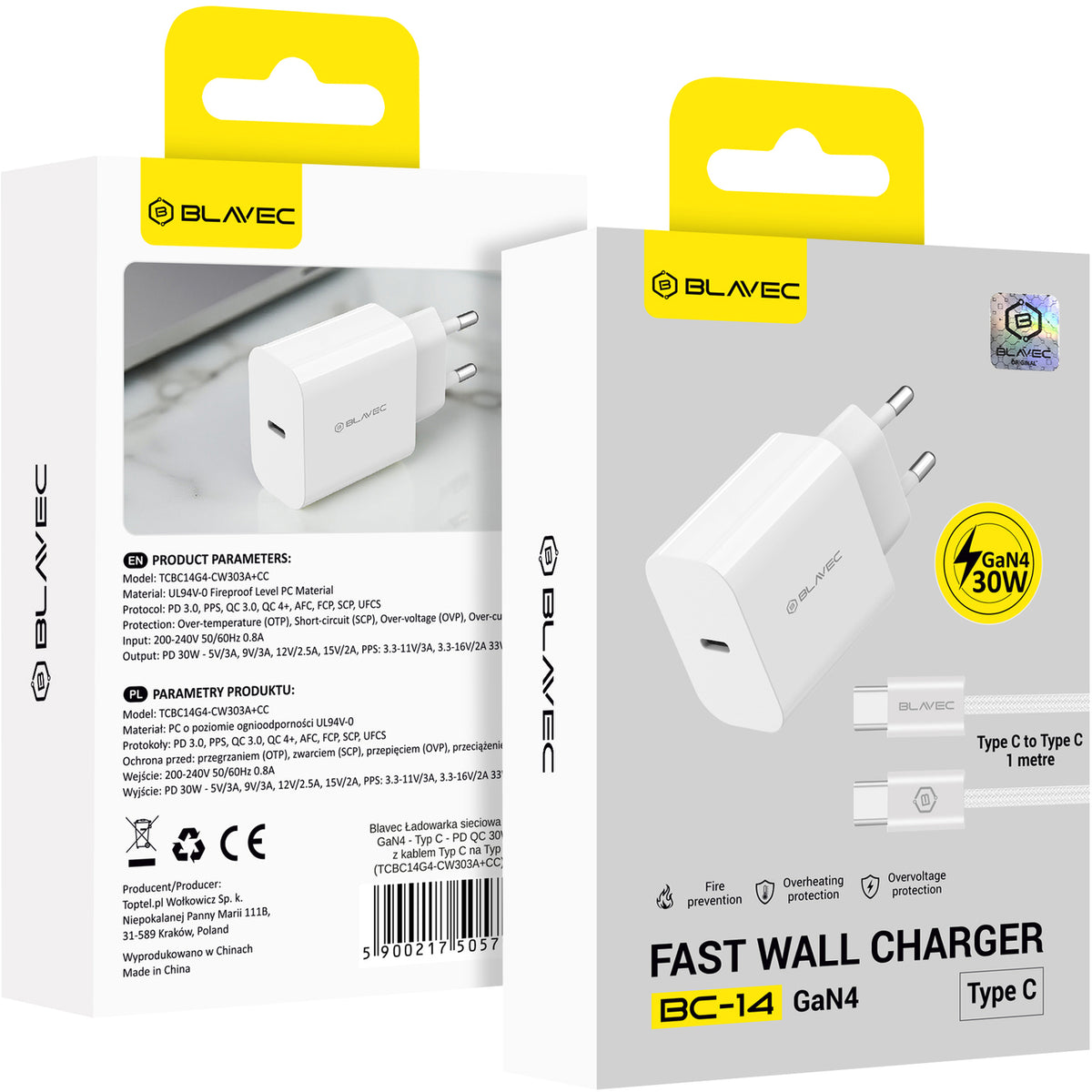 Incarcator Retea Cu Cablu USB-C Blavec BC-14, 30W, 3A, 1 x USB-C, Alb