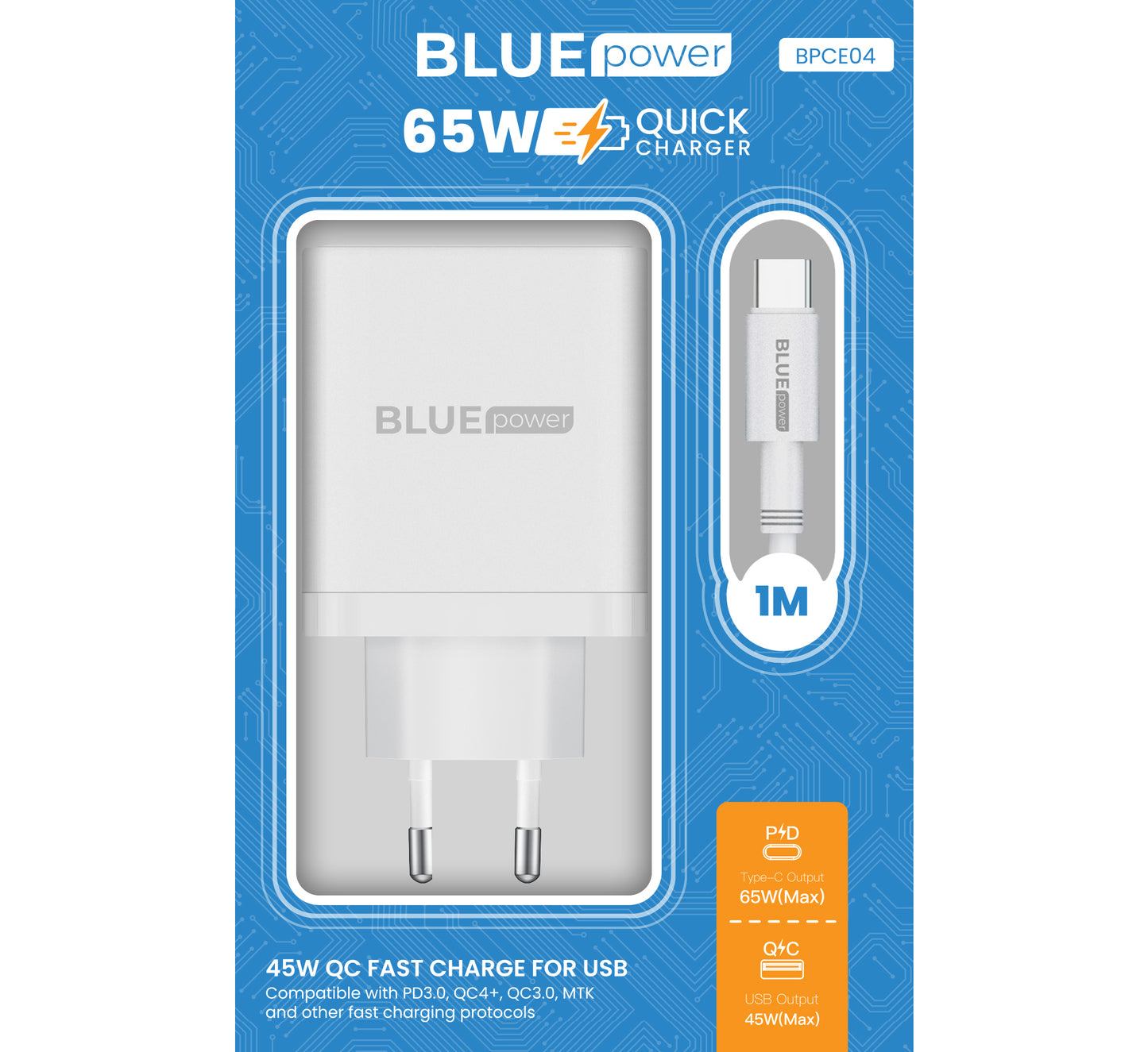 Ładowarka sieciowa z kablem USB-C BLUE Power BPCE04, 65 W, 3,25 A, 1 x USB-A - 2 x USB-C, biała