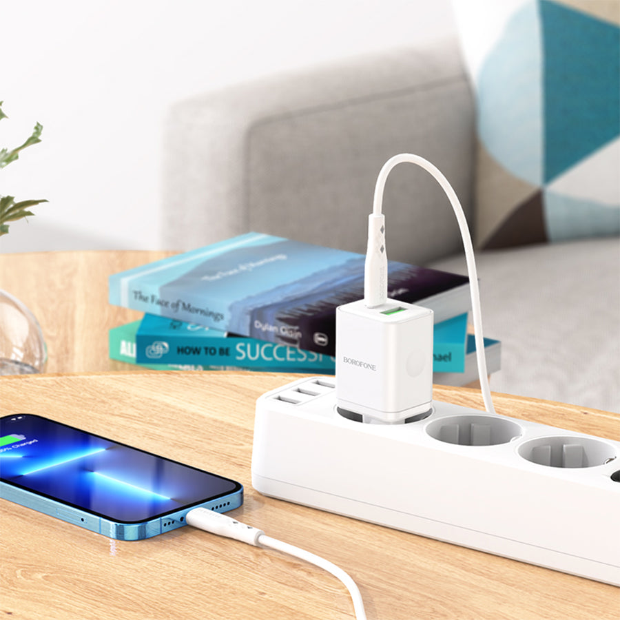 Incarcator Retea Cu Cablu Lightning Borofone BN7, 20W, 3A, 1 x USB-A - 1 x USB-C, Alb