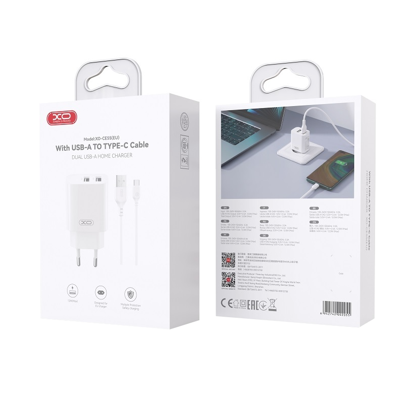 Incarcator Retea Cu Cablu USB-C XO Design CE55, 12W, 2.4A, 2 x USB-A, Alb