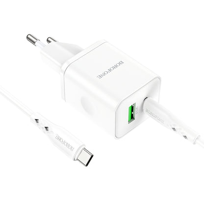 Incarcator Retea Cu Cablu USB-C Borofone BN7, 20W, 3A, 1 x USB-A - 1 x USB-C, Alb