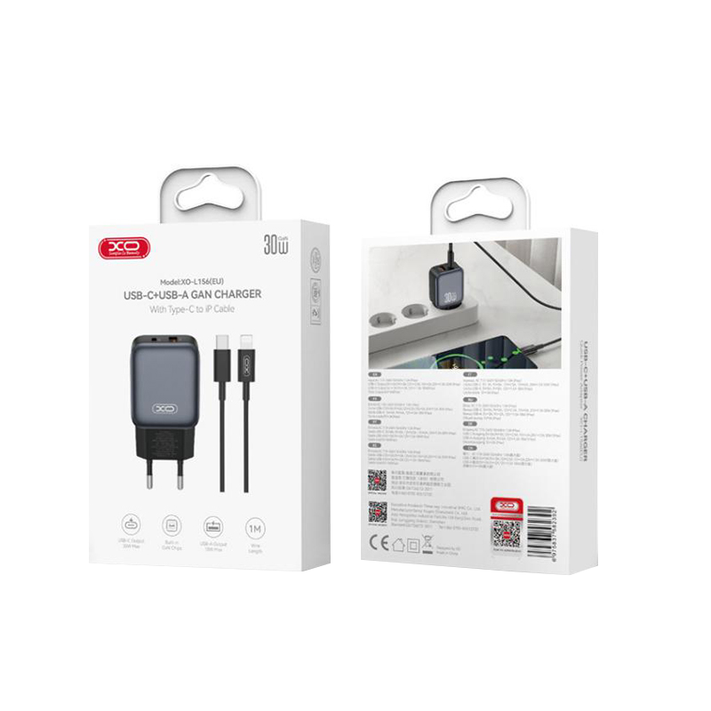 Incarcator Retea Cu Cablu Lightning XO Design L156, 30W, 3A, 1 x USB-A - 1 x USB-C, Negru