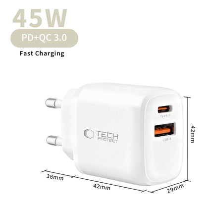 Incarcator Retea Cu Cablu USB-C Tech-Protect NCA45W, 45W, 3A, 1 x USB-A - 1 x USB-C, Alb