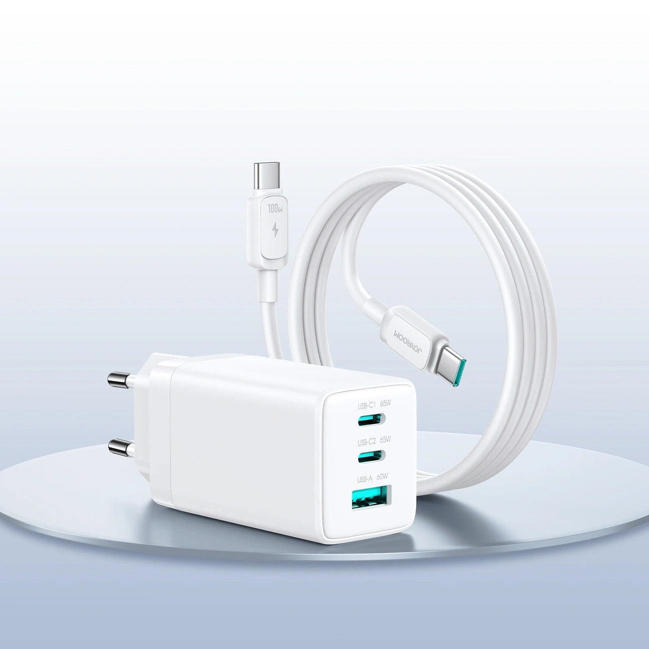 Incarcator Retea Cu Cablu USB-C Joyroom JR-TG10, 65W, 3.25A, 1 x USB-A - 2 x USB-C, Alb