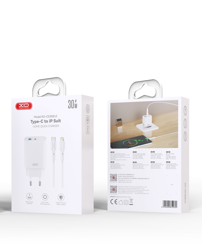 Incarcator Retea Cu Cablu Lightning XO Design CE30, 30W, 3A, 1 x USB-A - 1 x USB-C, Alb