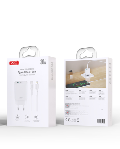 Incarcator Retea Cu Cablu Lightning XO Design CE30, 30W, 3A, 1 x USB-A - 1 x USB-C, Alb