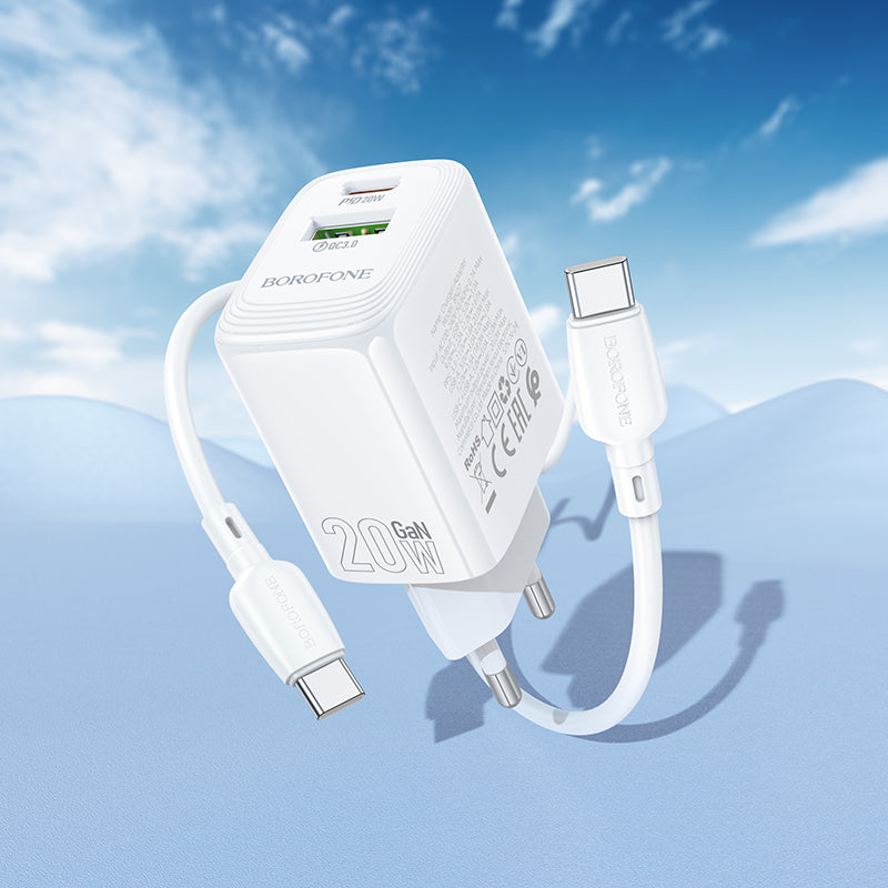 Incarcator Retea Cu Cablu USB-C Borofone BN27 Fuente, 20W, 3A, 1 x USB-A - 1 x USB-C, Alb