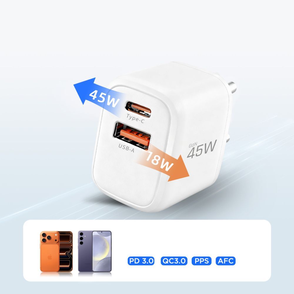 Incarcator Retea Cu Cablu USB-C Tech-Protect NCA45W, 45W, 3A, 1 x USB-A - 1 x USB-C, Alb
