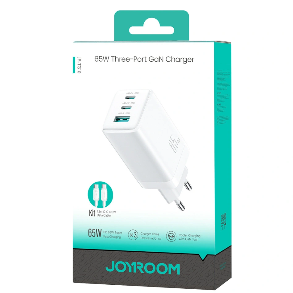 Incarcator Retea Cu Cablu USB-C Joyroom JR-TG10, 65W, 3.25A, 1 x USB-A - 2 x USB-C, Alb