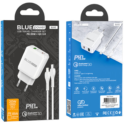 Incarcator Retea cu Cablu Lightning BLUE Power BLN5, 20W, 3A, 1 x USB-A - 1 x USB-C, Alb