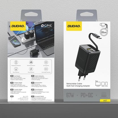 Incarcator Retea Cu Cablu USB-C Dudao A67EU, 67W, 3.35A, 1 x USB-A - 1 x USB-C, Negru