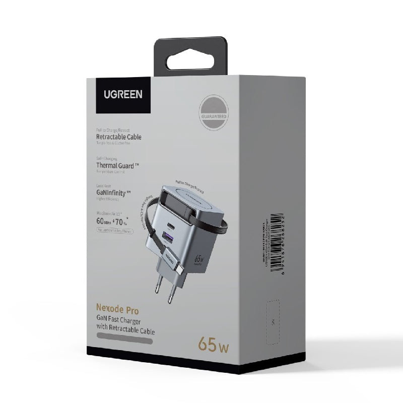 Incarcator Retea Cu Cablu USB-C UGREEN X615, 65W, 3A, 1 x USB-A - 1 x USB-C, Gri