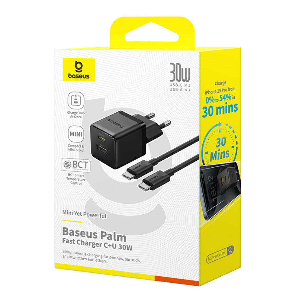 Incarcator Retea Cu Cablu USB-C Baseus Palm, 30W, 3A, 1 x USB-A - 1 x USB-C, Negru P1011160A113-01