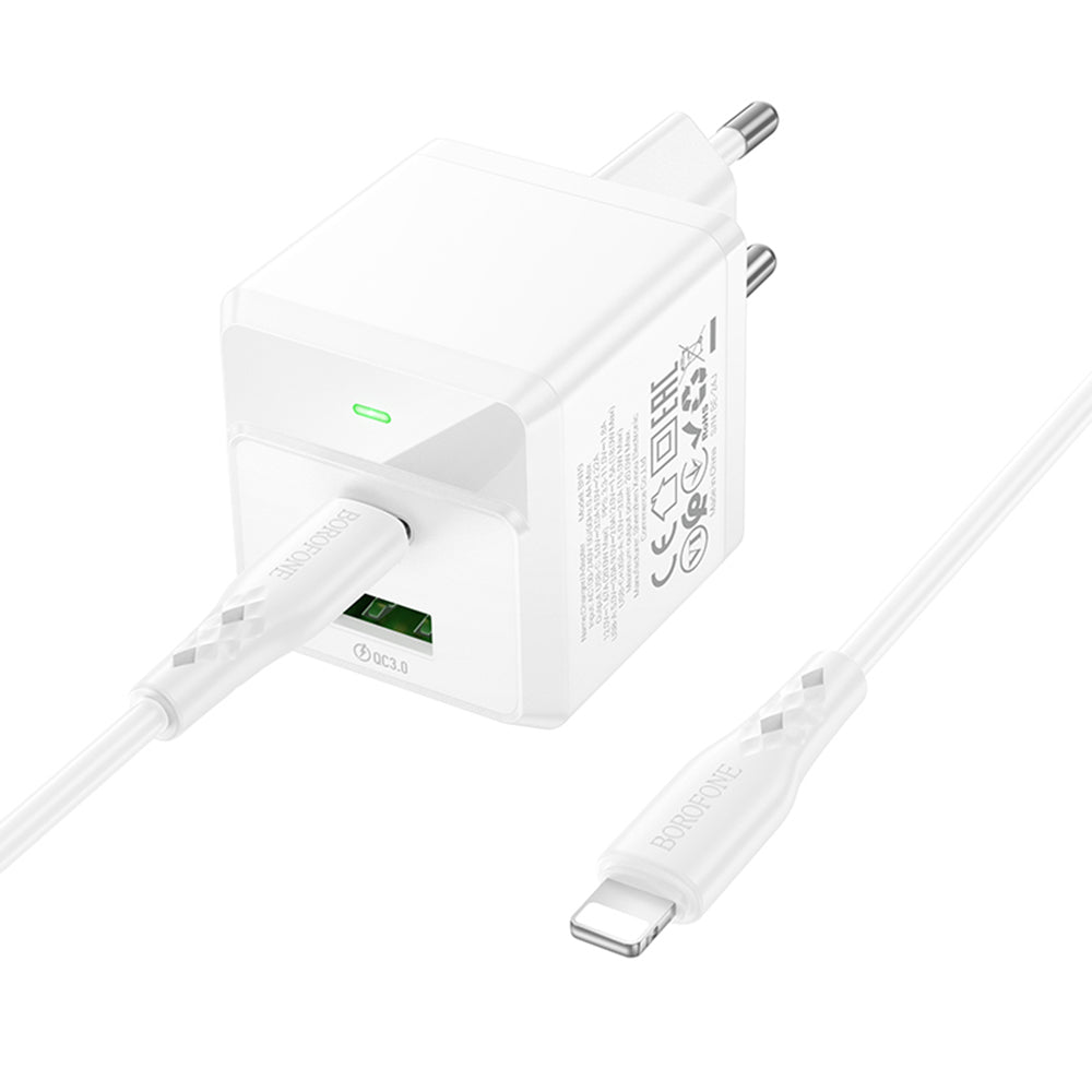 Incarcator Retea Cu Cablu Lightning Borofone BN19 Intenso, 20W, 3A, 1 x USB-A - 1 x USB-C, Alb
