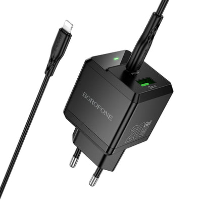 Incarcator Retea Cu Cablu Lightning Borofone BN19 Intenso, 20W, 3A, 1 x USB-A - 1 x USB-C, Negru