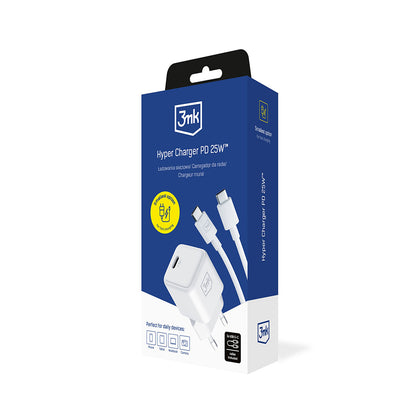 Incarcator Retea Cu Cablu USB-C 3MK Hyper, 25W, 3A, 1 x USB-C, Alb