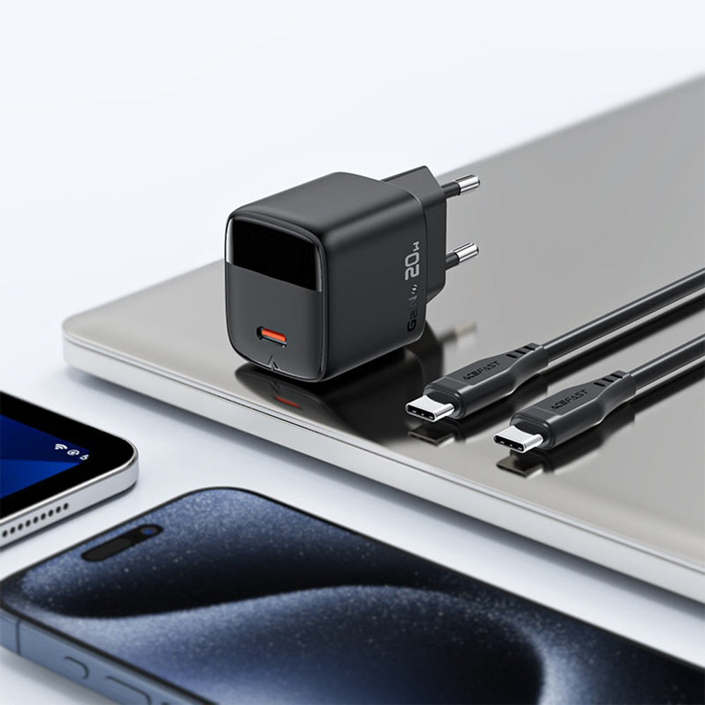 Incarcator Retea Cu Cablu USB-C Acefast A113 Display, 20W, 3A, 1 x USB-C, Negru
