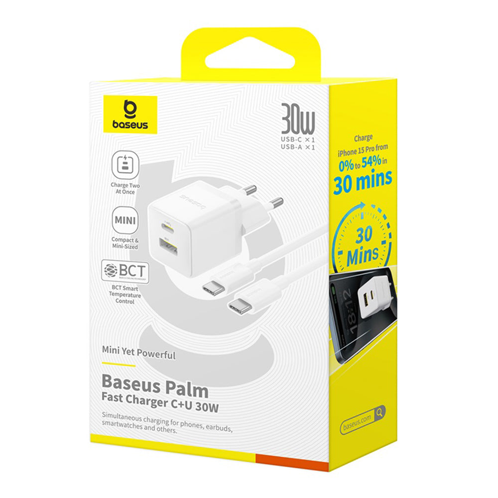 Incarcator Retea Cu Cablu USB-C Baseus Palm, 30W, 3A, 1 x USB-A - 1 x USB-C, Alb P1011160A213-01