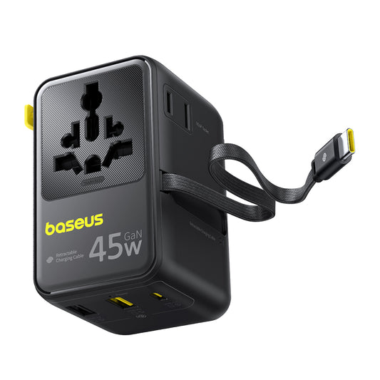 Incarcator Retea Cu Cablu USB-C Baseus Travel PicoGo AG11, 45W, 2 x Priza - 1 x USB-C - 2 x USB-A, Negru E0307F00
