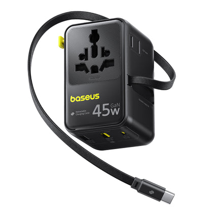 Incarcator Retea Cu Cablu USB-C Baseus Travel PicoGo AG11, 45W, 2 x Priza - 1 x USB-C - 2 x USB-A, Negru E0307F00