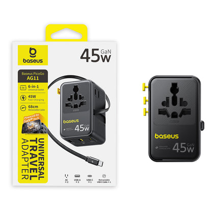 Incarcator Retea Cu Cablu USB-C Baseus Travel PicoGo AG11, 45W, 2 x Priza - 1 x USB-C - 2 x USB-A, Negru E0307F00