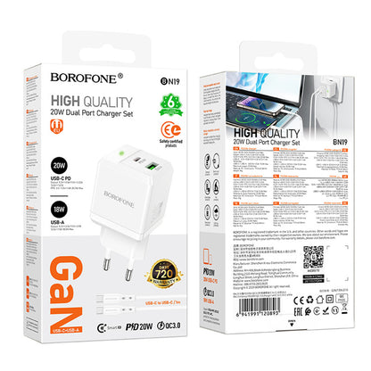 Incarcator Retea Cu Cablu USB-C Borofone BN19 Intenso, 20W, 3A, 1 x USB-A - 1 x USB-C, Alb