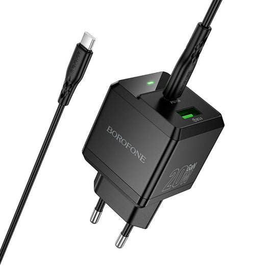 Incarcator Retea Cu Cablu USB-C Borofone BN19 Intenso, 20W, 3A, 1 x USB-A - 1 x USB-C, Negru