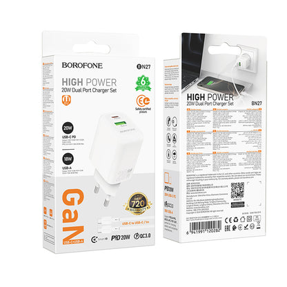 Incarcator Retea Cu Cablu USB-C Borofone BN27 Fuente, 20W, 3A, 1 x USB-A - 1 x USB-C, Alb