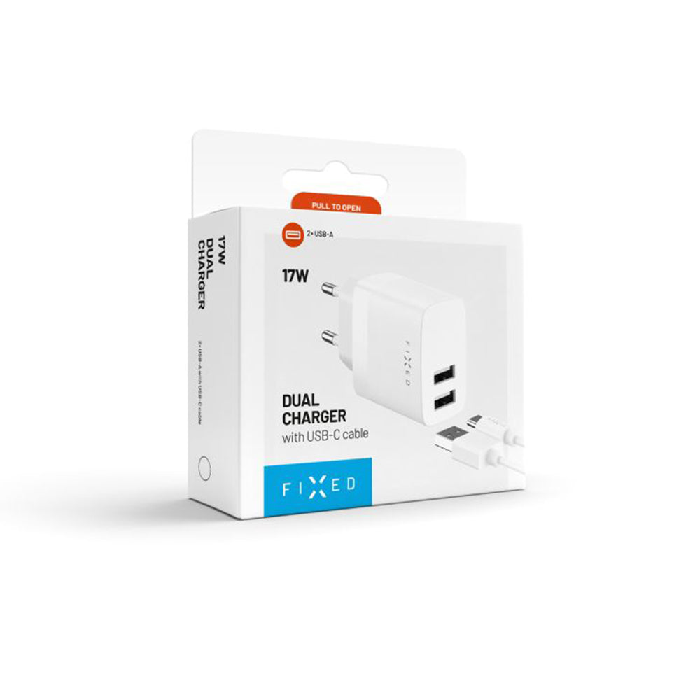 Incarcator Retea Cu Cablu USB-C Fixed, 17W, 3A, 2 x USB-A, Alb