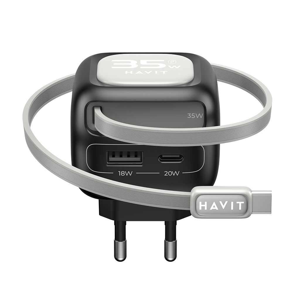 Incarcator Retea Cu Cablu USB-C HAVIT UC251, 35W, 3A, 1 x USB-A - 1 x USB-C, Negru Gri