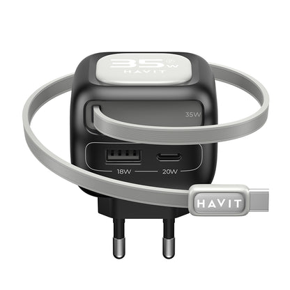 Incarcator Retea Cu Cablu USB-C HAVIT UC251, 35W, 3A, 1 x USB-A - 1 x USB-C, Negru Gri