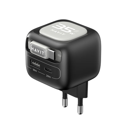 Incarcator Retea Cu Cablu USB-C HAVIT UC251, 35W, 3A, 1 x USB-A - 1 x USB-C, Negru Gri