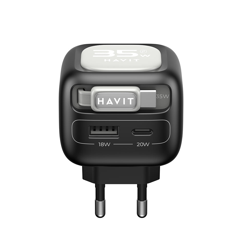 Incarcator Retea Cu Cablu USB-C HAVIT UC251, 35W, 3A, 1 x USB-A - 1 x USB-C, Negru Gri