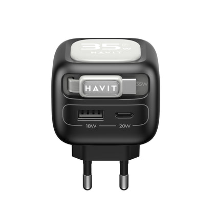Incarcator Retea Cu Cablu USB-C HAVIT UC251, 35W, 3A, 1 x USB-A - 1 x USB-C, Negru Gri