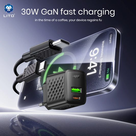 Incarcator Retea Cu Cablu USB-C Lito LC19T, 30W, 3A, 1 x USB-A - 1 x USB-C, Negru