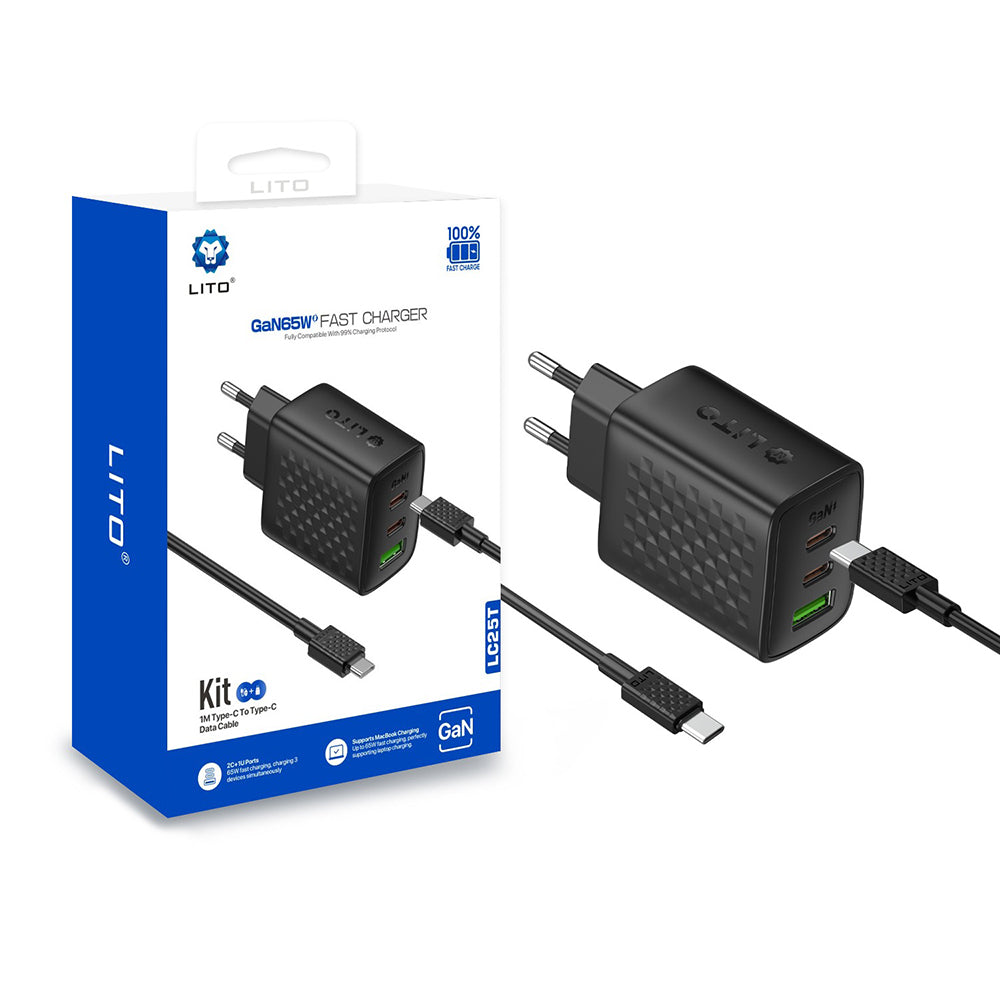 Incarcator Retea Cu Cablu USB-C Lito LC25T, 65W, 3.25A, 1 x USB-A - 2 x USB-C, Negru