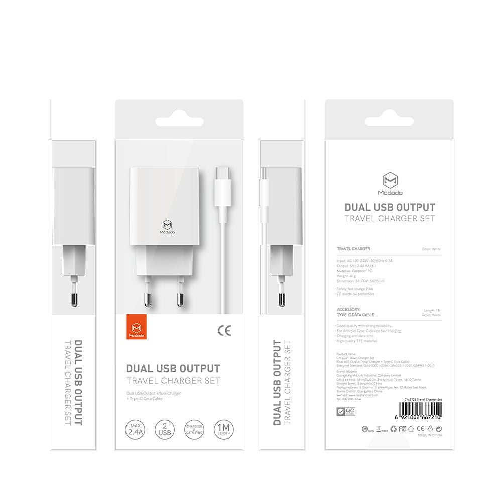 Incarcator Retea Cu Cablu USB-C McDodo CH-6721 Offer, 12W, 2.4A, 2 x USB-A, Alb