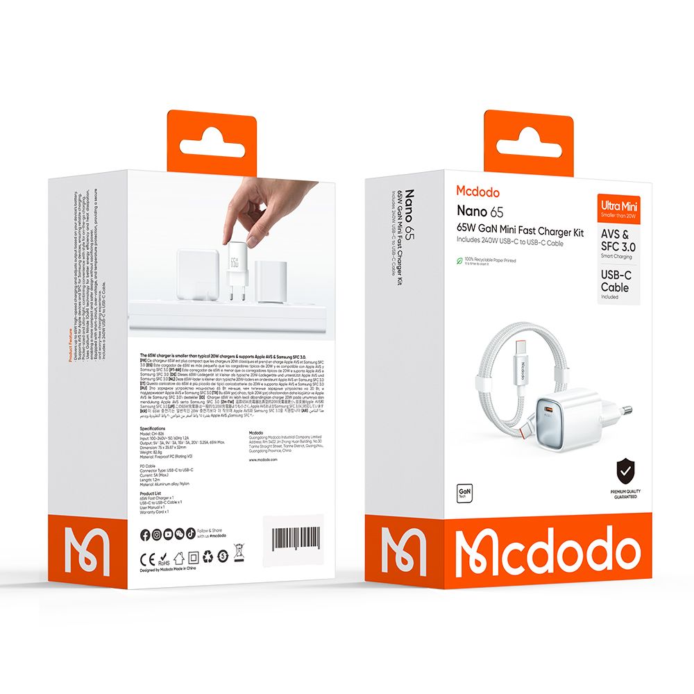 Incarcator Retea Cu Cablu USB-C Mcdodo Nano CH-8263, 65W, 3.25A, 1 x USB-C, Alb