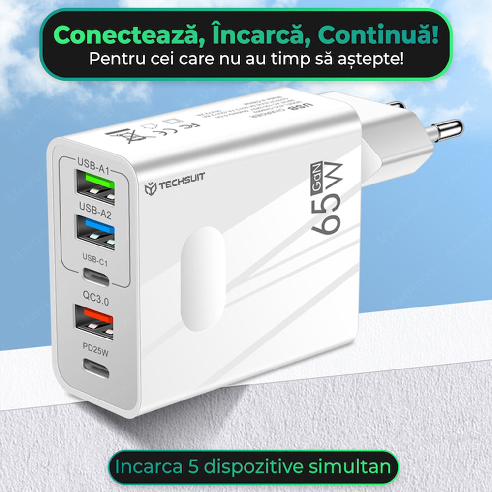 Incarcator Retea Cu Cablu USB-C Techsuit CHC1 PentaXPower, 25W, 3A, 3 x USB-A - 2 x USB-C, Alb